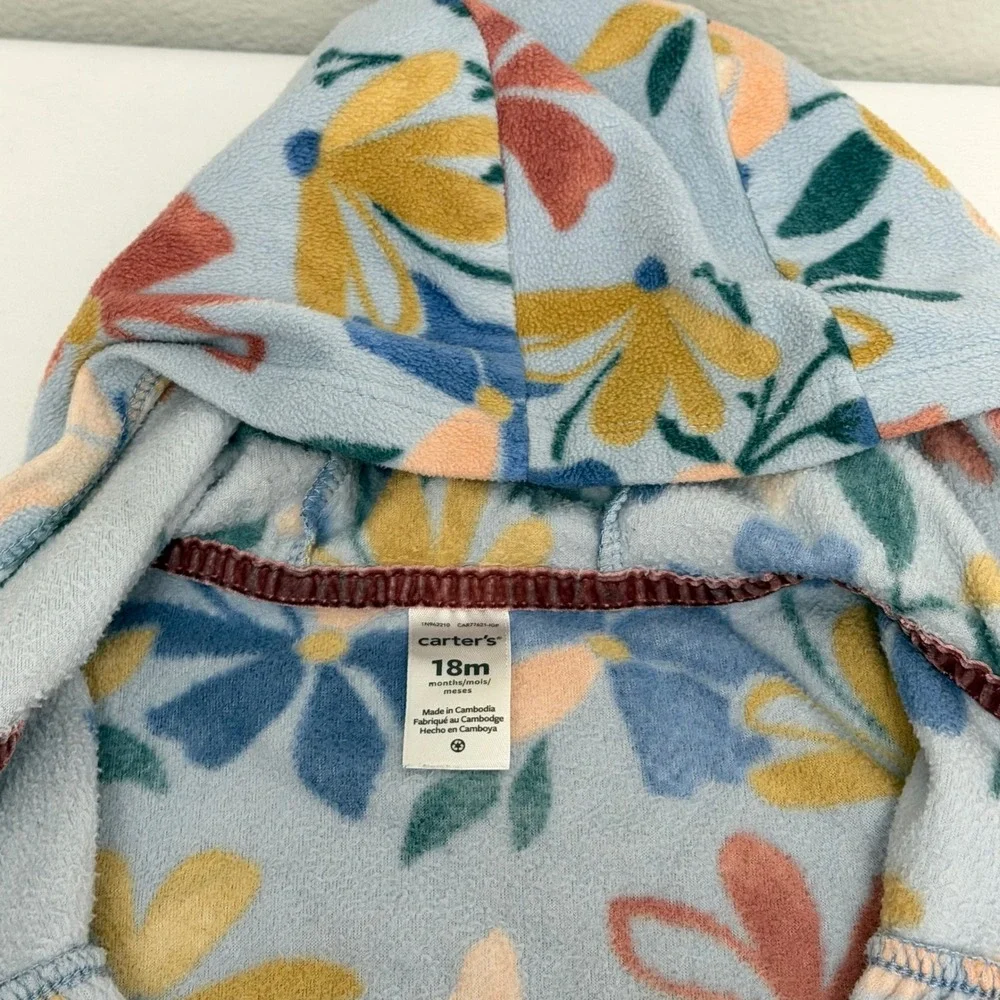 Carters 18M Baby Girl Floral Fleece Hooded Jumpsuit Blue Orange Zip Up Cozy Warm